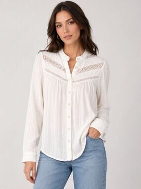 Anthropologie Pilcro Long Sleeve Lace Button Up Top White Size 6